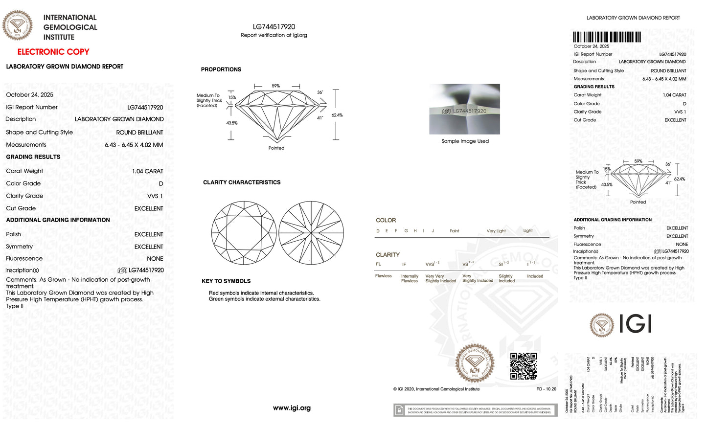 1.04 carat VVS1 colour: D cut: excellent