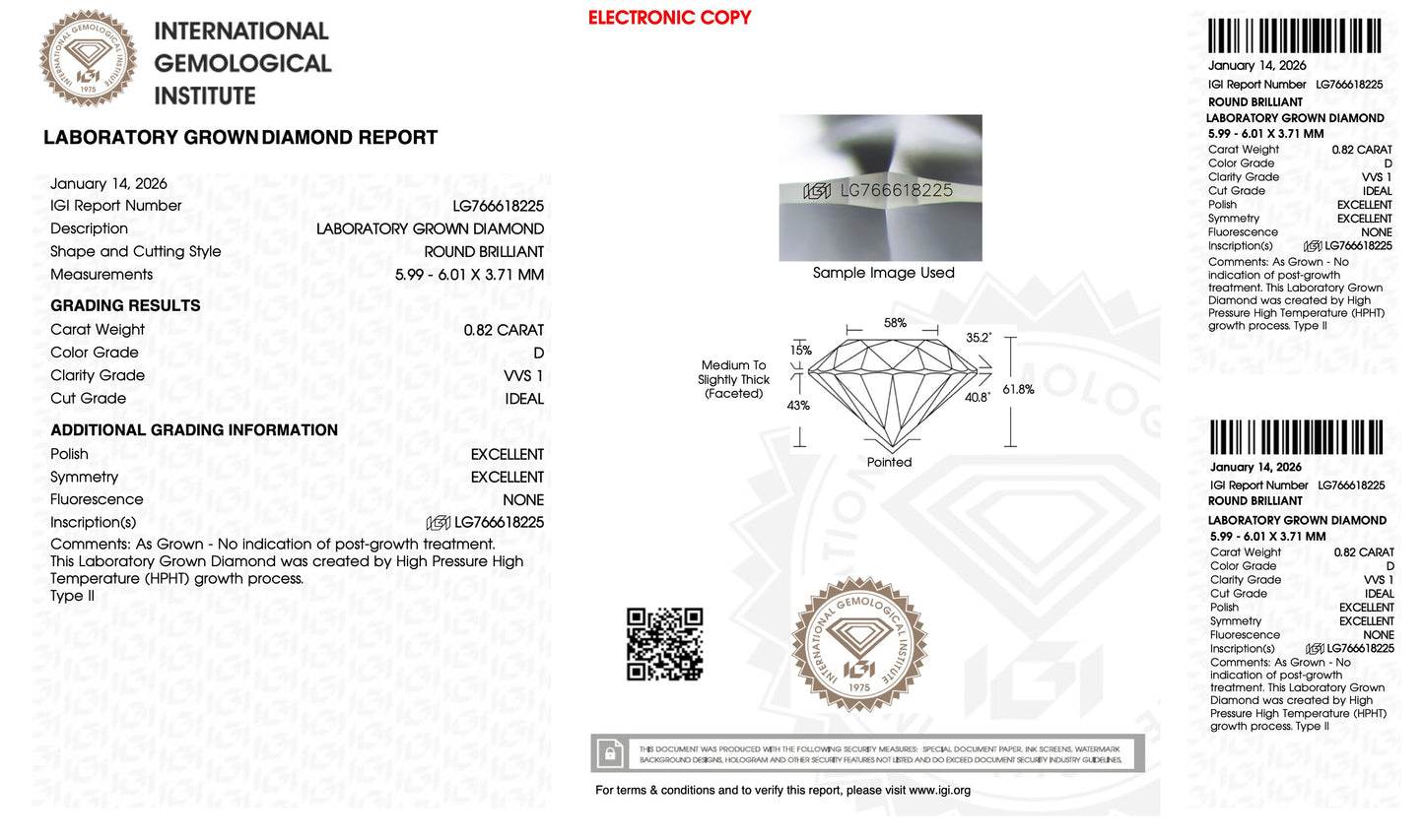 Round 0.82 carat VVS1 colour: D cut: ideal